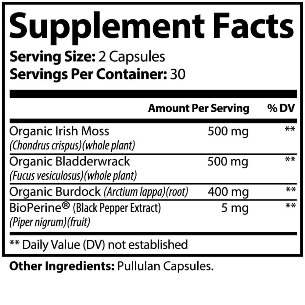 Organic Irish Sea Moss 500mg Dietary Supplement Facts Label from World's Best Supplements.