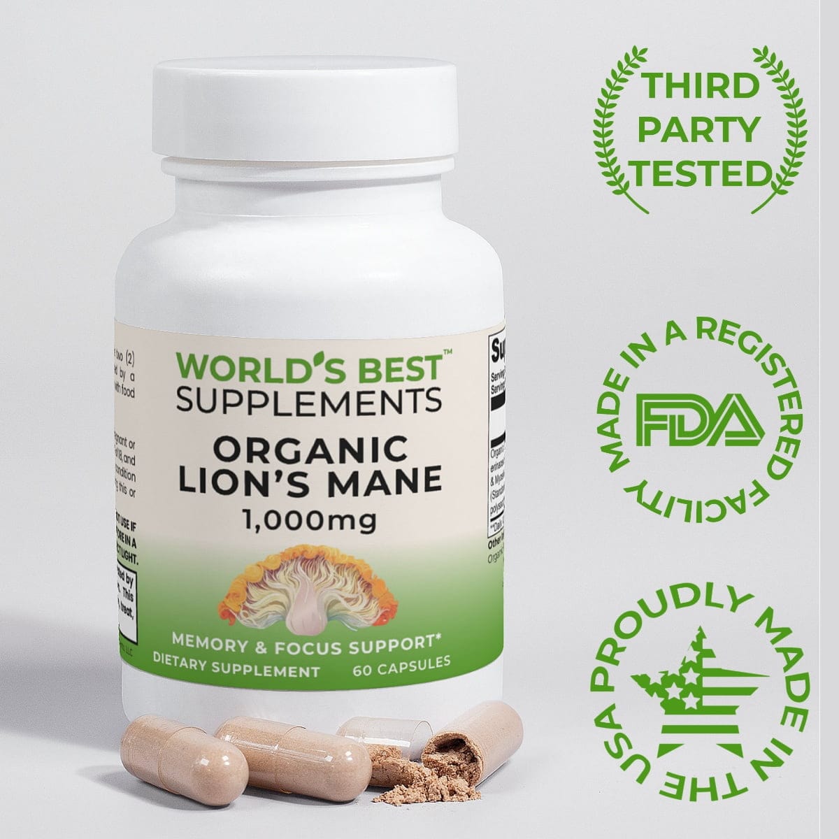 Organic Lions Mane Supplement third-party tested, made in the USA in FDA registered GMP facilities and sold by World's Best Supplements.