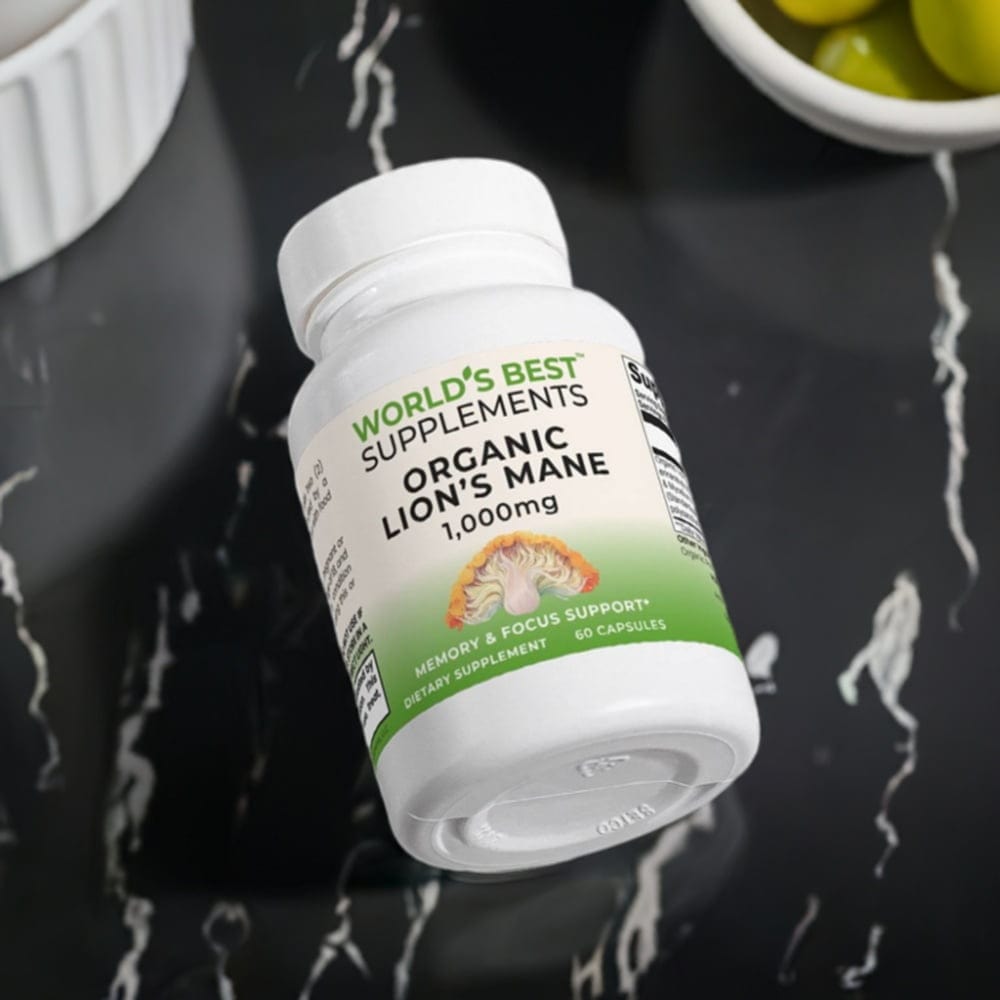 Organic vegan-friendly Lion's Mane Mushroom 60 capsules 1,000mg per serving from World's Best Supplements.