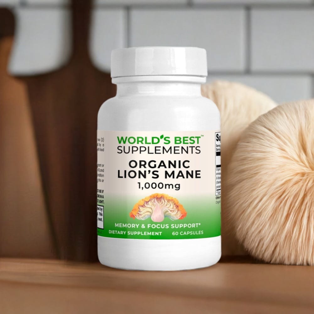 Organic Lion's Mane Mushroom capsules with 1,000mg per servings and standardized to 40% polysaccharides from World's Best Supplements.