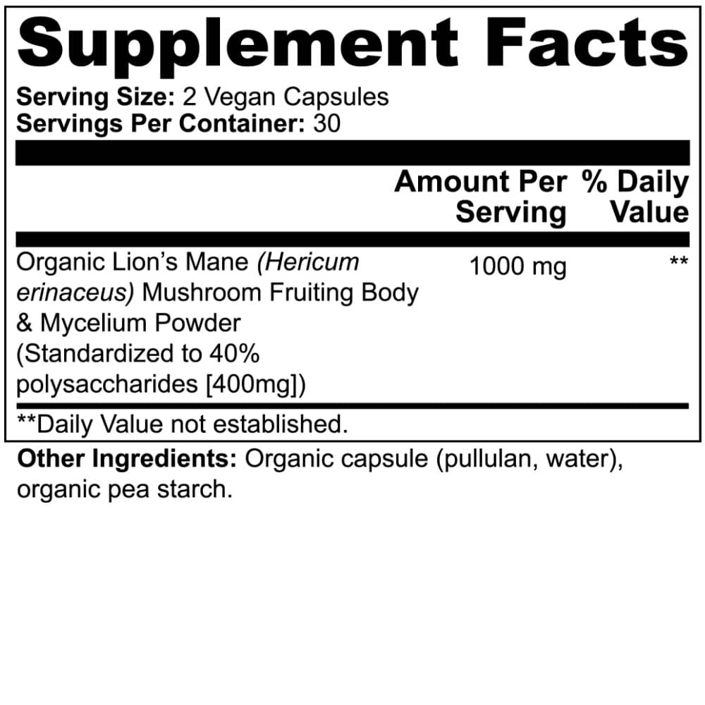 Supplement Facts label for Organic Lion's Mane Mushroom Capsules 1,000mg from World's Best Supplements.
