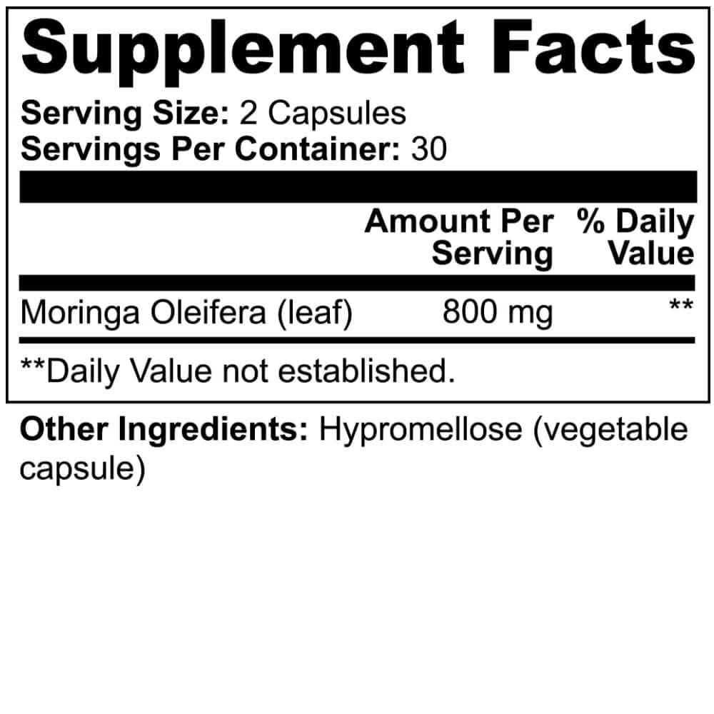 Supplement Facts label for 100% Pure Moringa Leaf Powder Capsules 400mg each from World's Best Supplements.