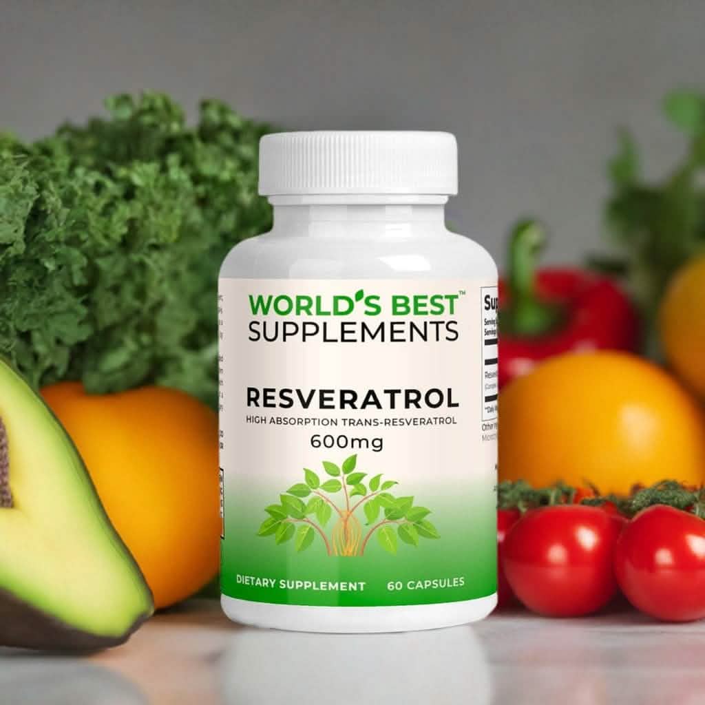 A bottle of High-Absorbing Trans-Resveratrol caspules from World's Best Supplements.