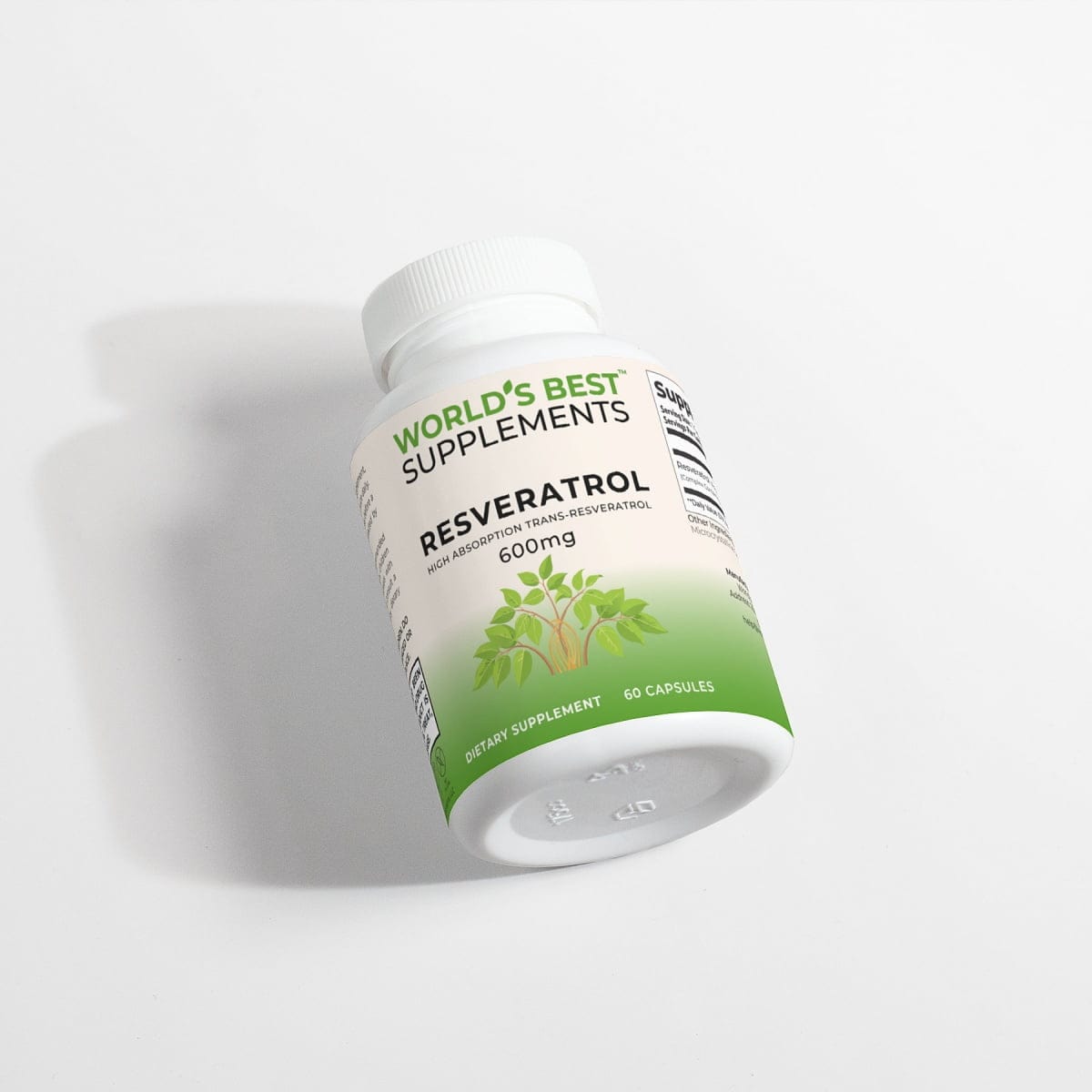 A bottle of Resveratrol featuring 60 capsules of 50% Trans-Resveratrol from World's Best Supplements.