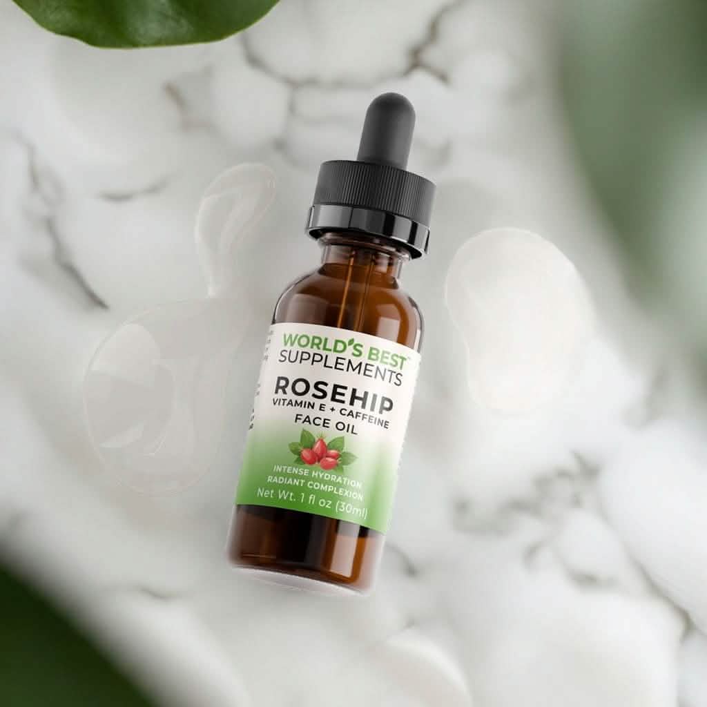 A bottle of Rosehip Face Oil laying on a bathroom counter.