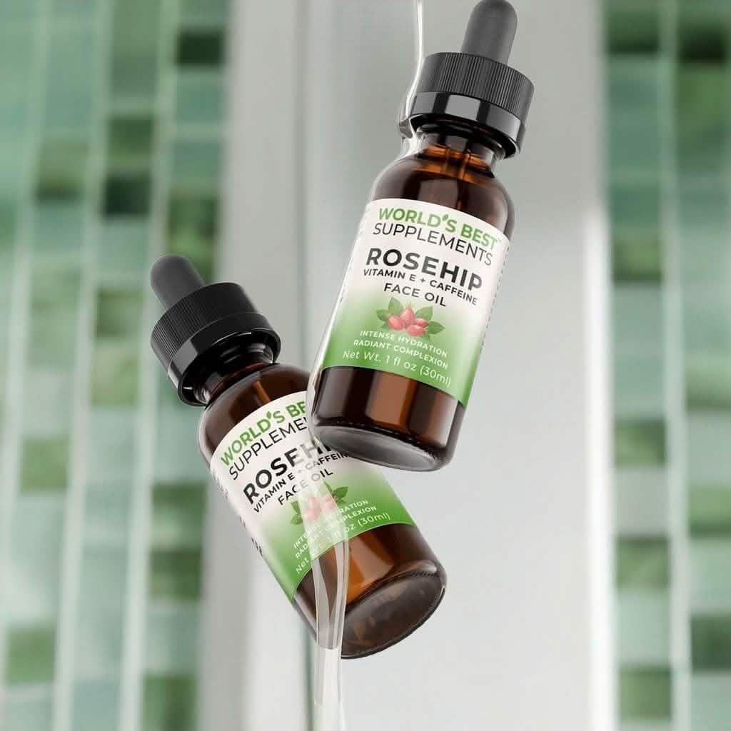 Two bottles of Rosehip Vitamin E & Caffeine Face Oil from World's Best Supplements.