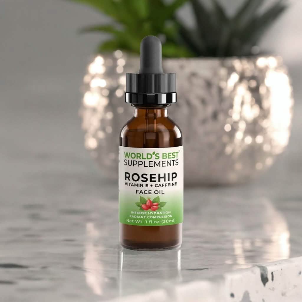 Rosehip Vitamin E and Caffeine Face Oil 1 oz bottle from World's Best Supplements for Skin Care.