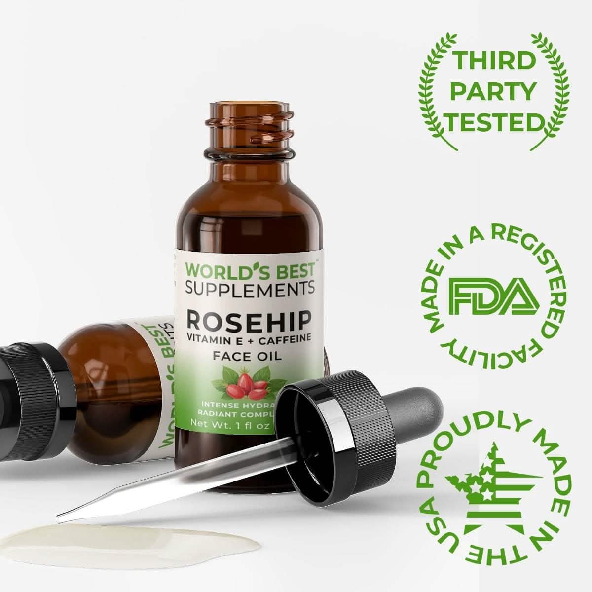 Rosehip Face Oil with Vitamin E and Caffeine third-party tested, made in the USA.