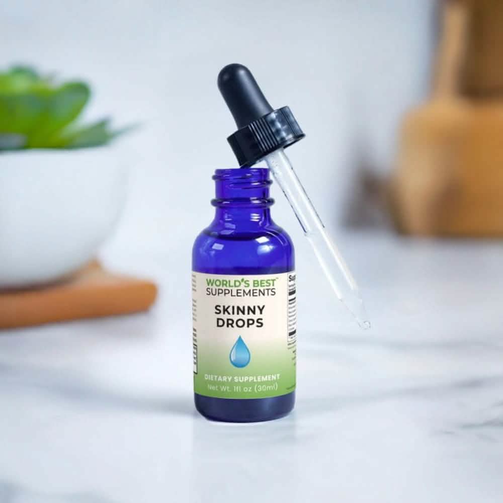 A 1 ounce dropper bottle of Skinny Drops from World's Best Supplements, formulated to help curb appetite and increase fat burning.