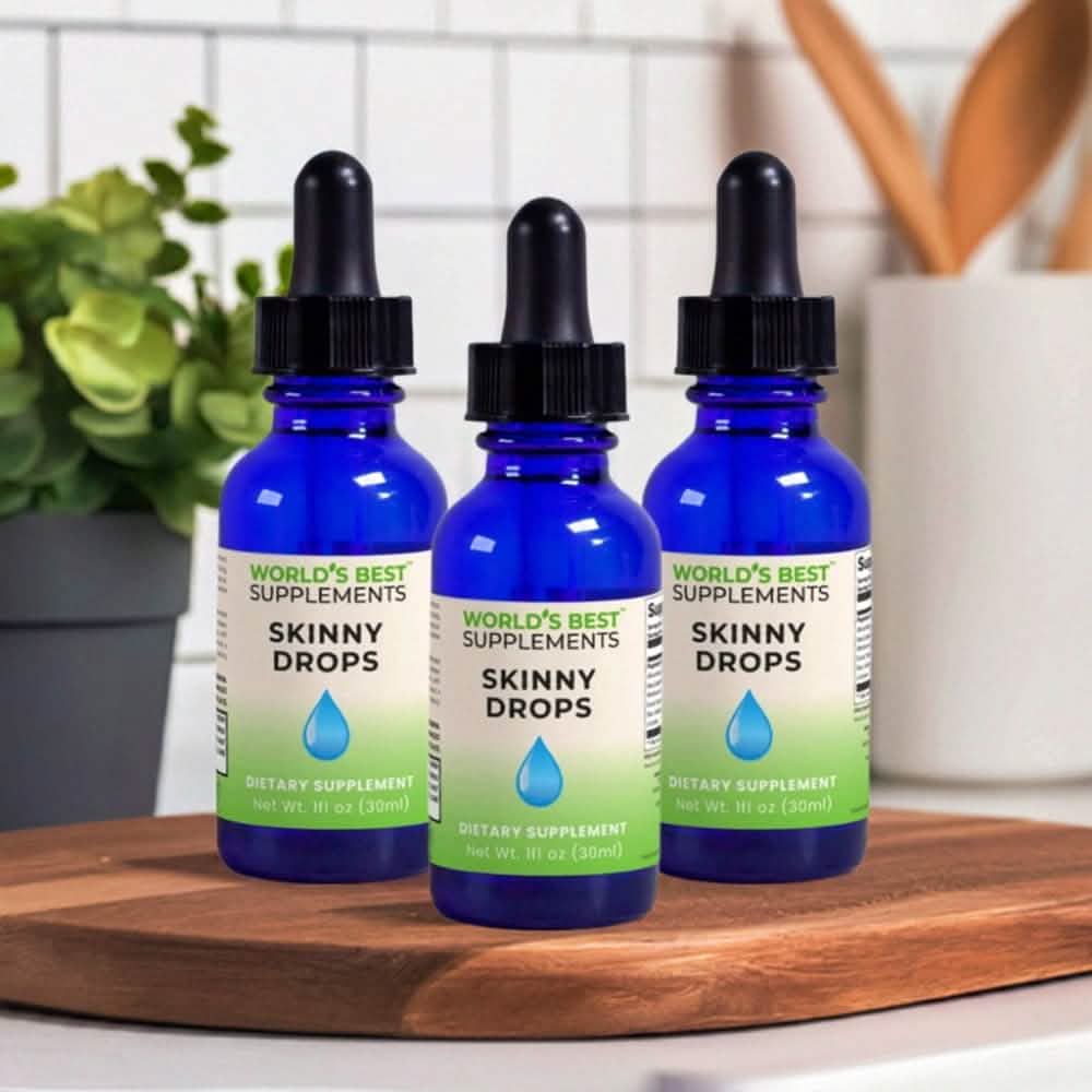 A 3-Pack of Skinny Drops bottles representing a great value and savings on our #1 selling weight loss drops from World's Best Supplements.