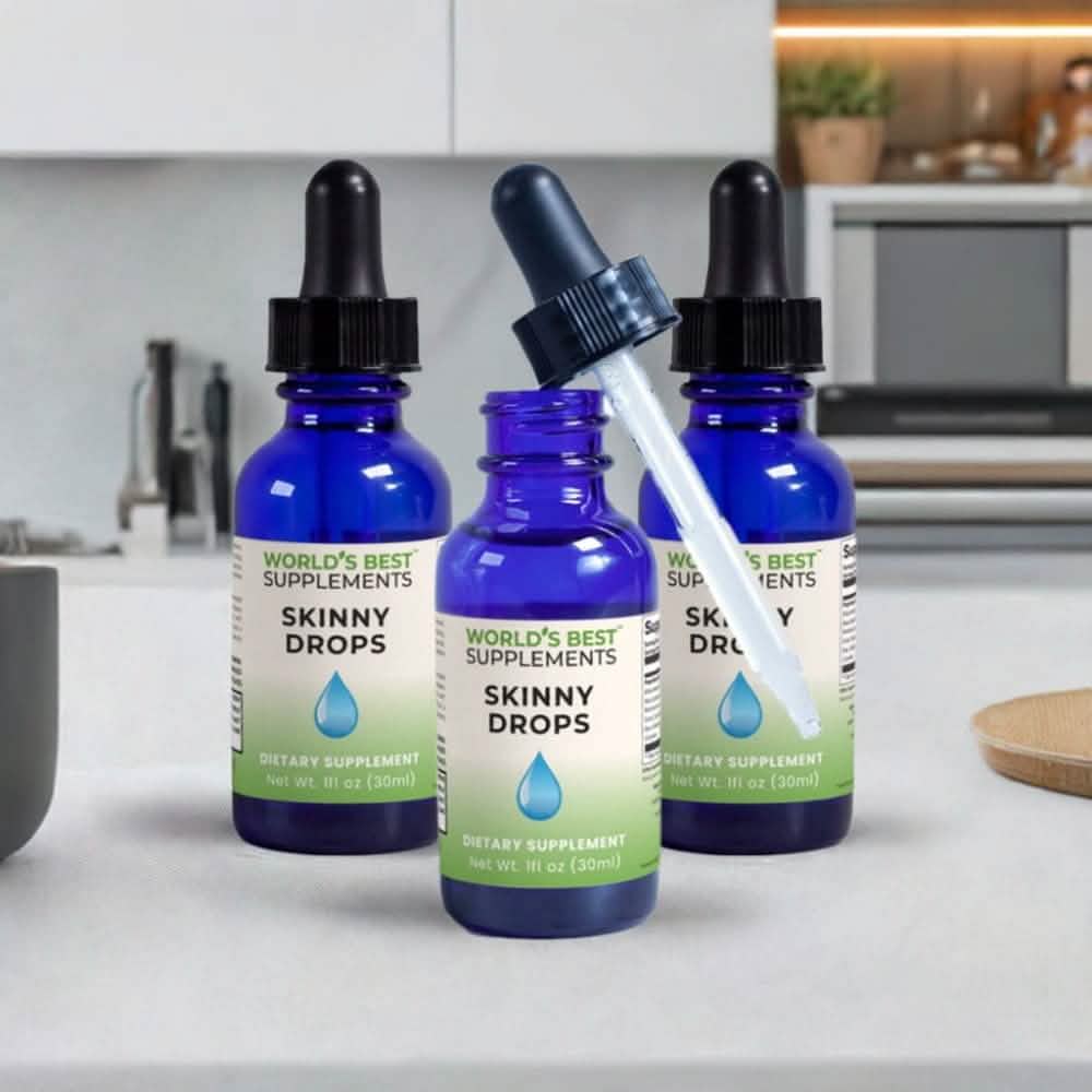A 3-Pack bundle of Skinny Drops with the dropper out of one of the bottles from World's Best Supplements.