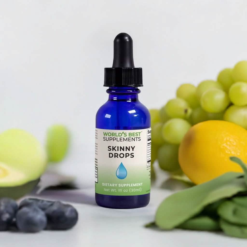 A bottle of Skinny Drops 2oz liquid diet drops from World's Best Supplements.