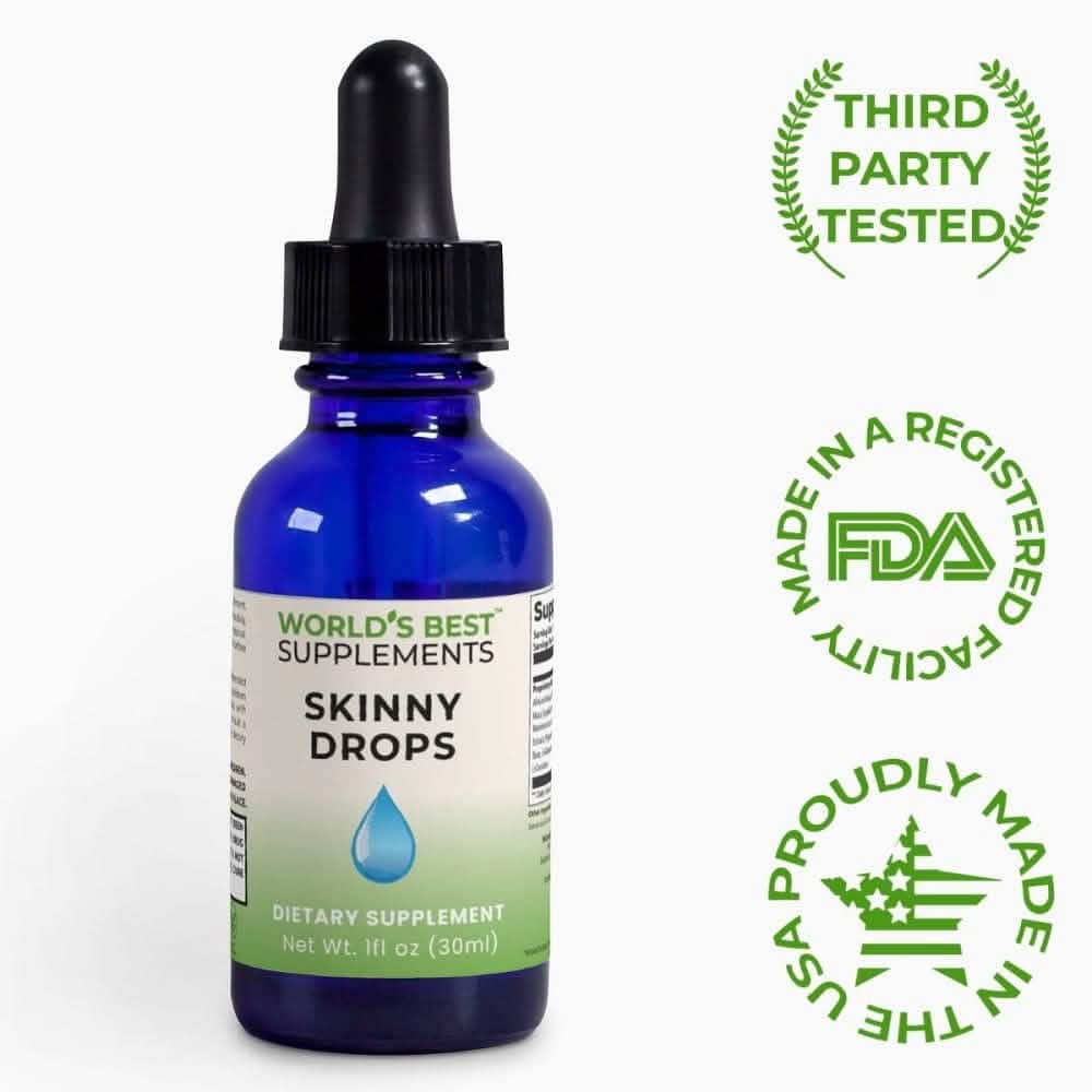 A bottle of Skinny Drops 1 oz from World's Best Supplements. Third-party Tested, Made in the USA in a FDA-registered GMP facility.