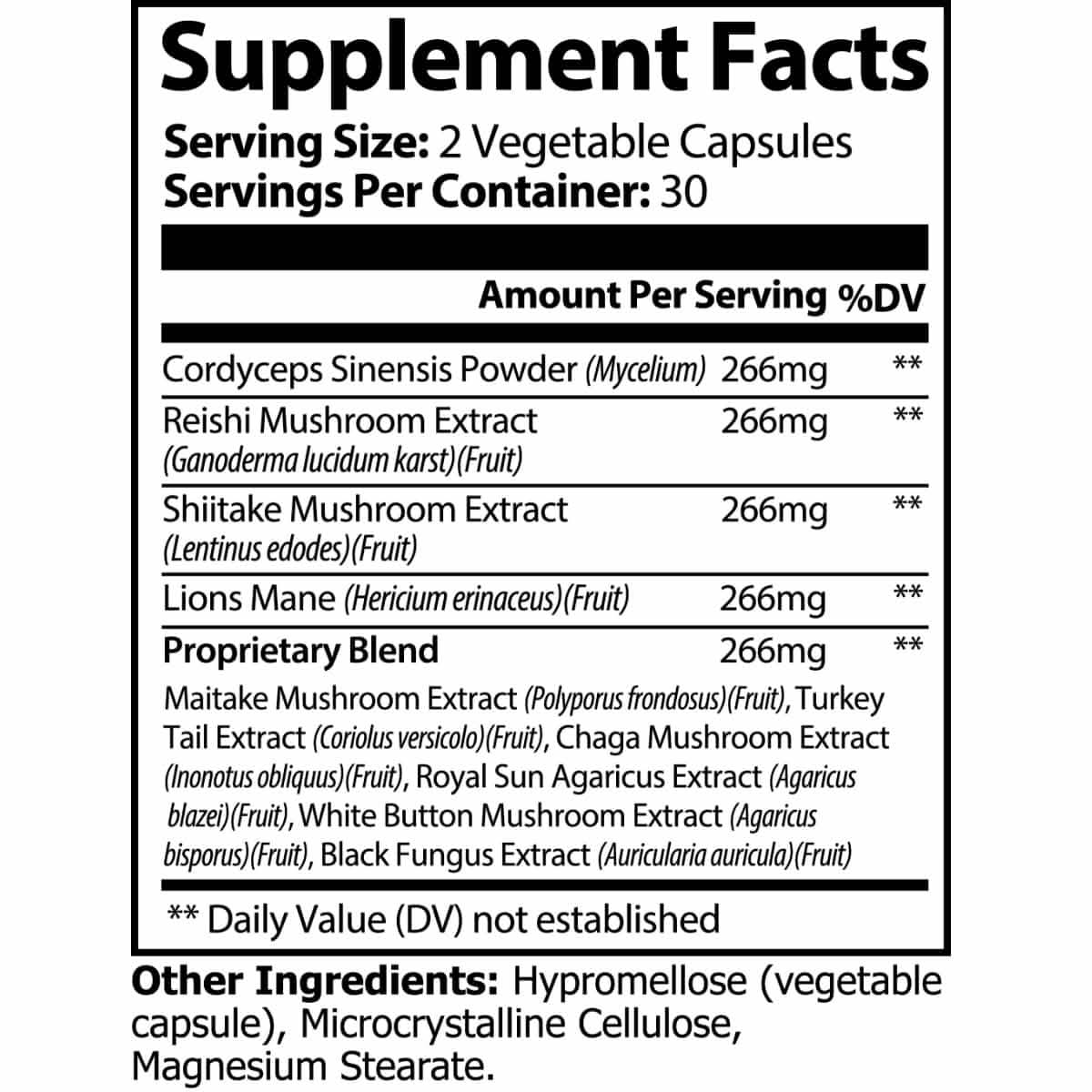 Supplement Facts label for Super Mushroom Complex 1330mg capsules from World's Best Supplements.