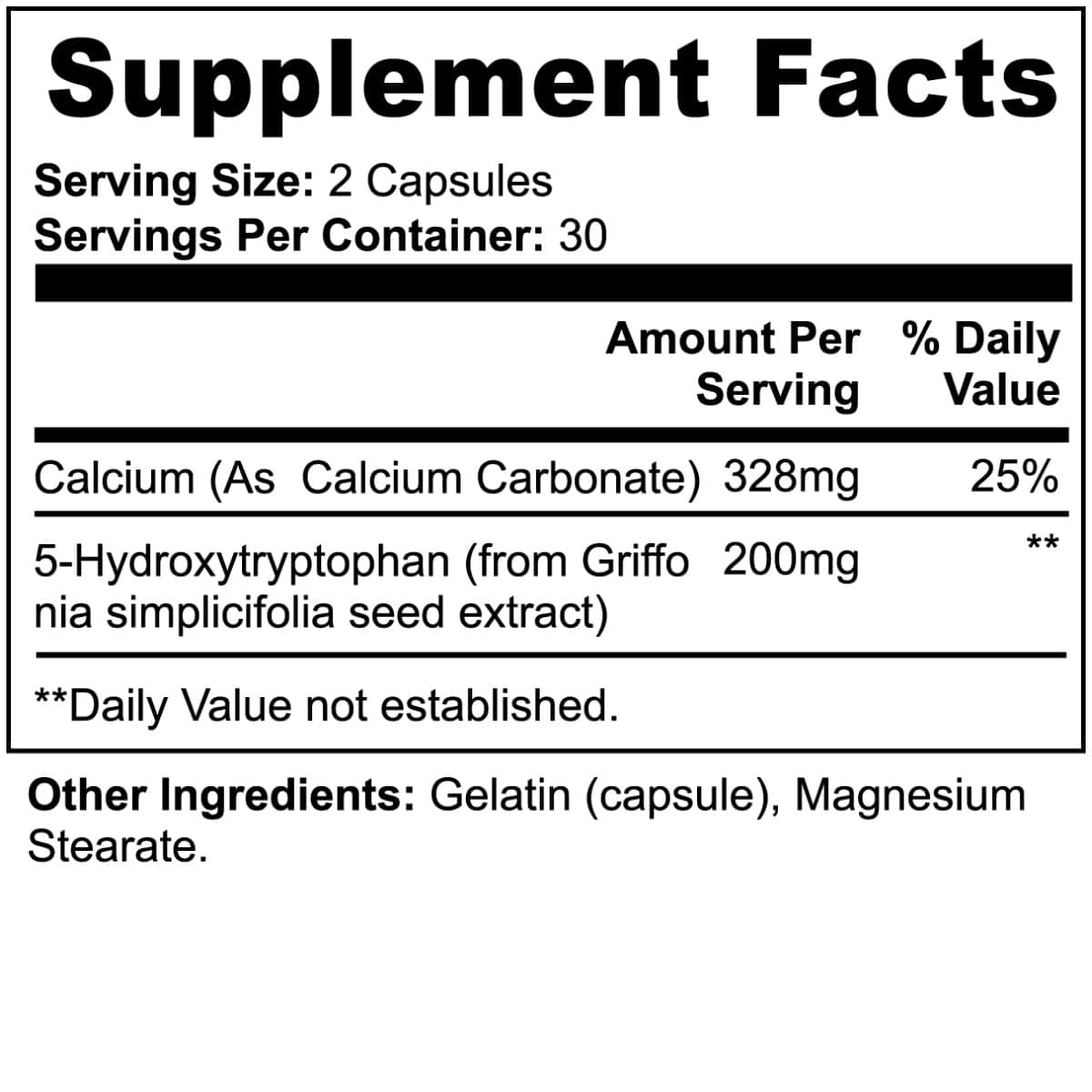 Dietary Supplement Facts label for World's Best Supplements' 5-HTP 400mg capsules.