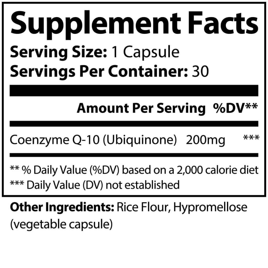 Dietary Supplement Facts for World's Best Supplements CoQ10 Ubiquinone 200mg Capsules.