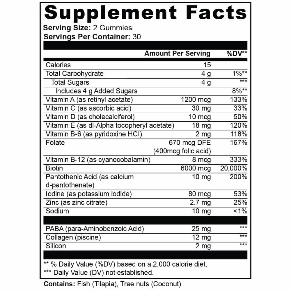 Supplement Facts label for Hair, Skin & Nails Gummies from World's Best Supplements showing the nutrition facts per 2 gummy serving.