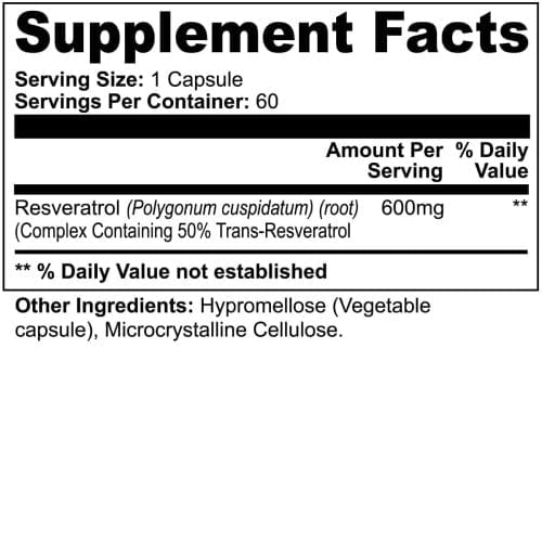 Supplement Facts for Resveratrol 600mg capsules from World's Best Supplements.