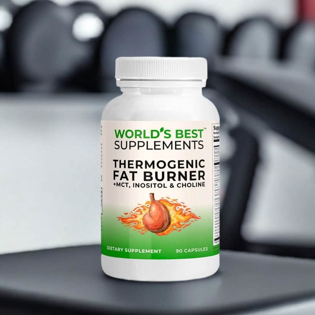 A bottle of Thermogenic Fat Burner Capsules featuring MCT, Inositol and Choline from World's Best Supplements.