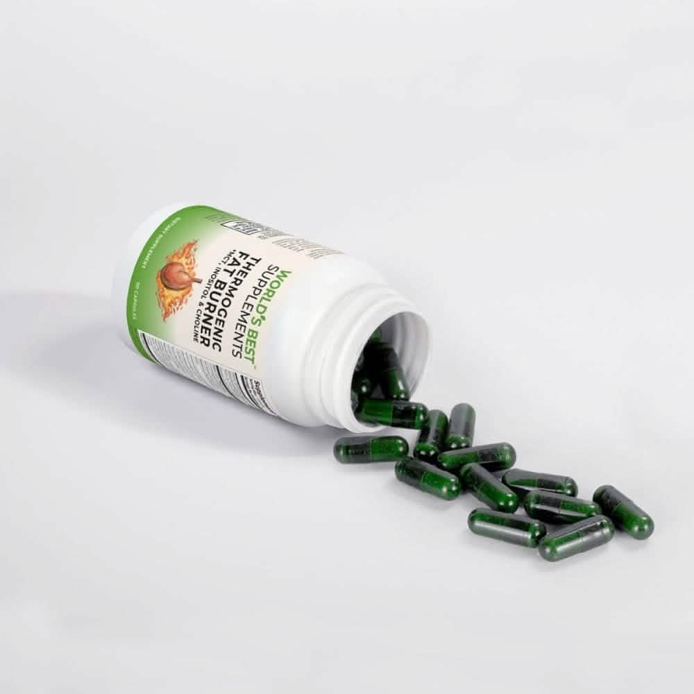 A bottle of World's Best Supplements Thermogenic Fat Burner, a powerful all-natural dietary supplement that helps increase thermogenesis to increase idle calorie and fat burning.