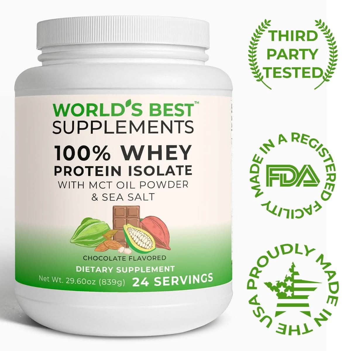 Pure Whey Protein Isolate Chocolate third party tested, made in a FDA registered facility and proudly made in the USA.