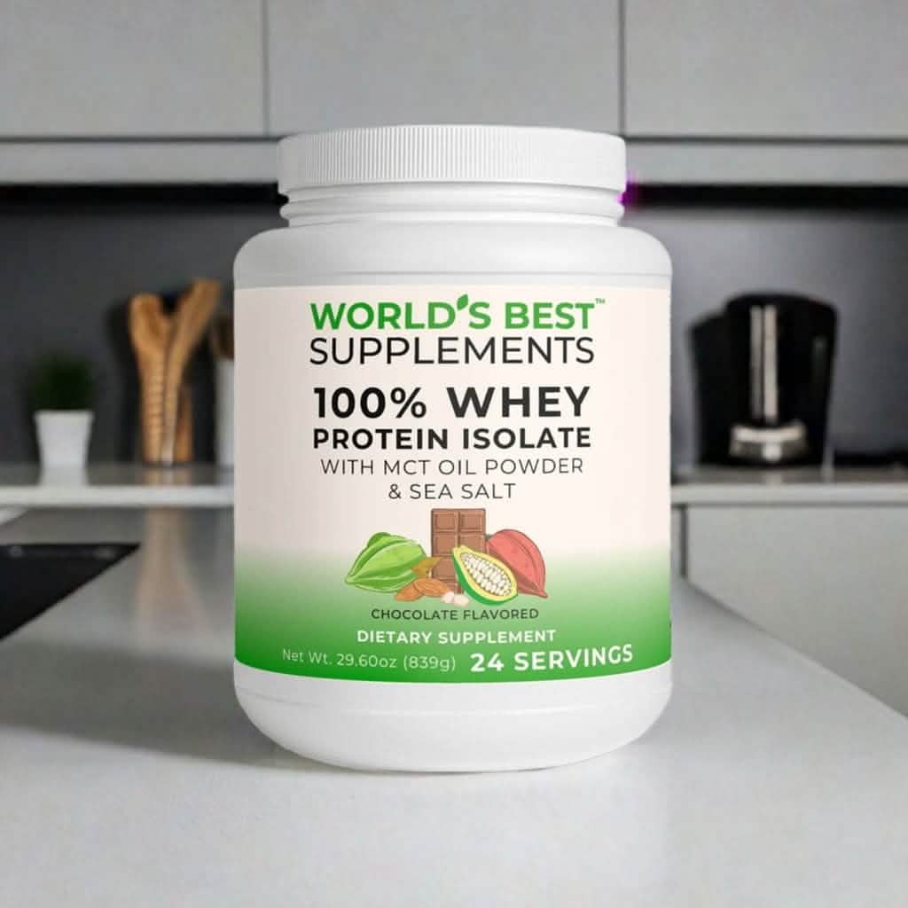 World's Best 100% Whey Protein Isolate Natural Chocolate Flavored, made with Real Cocoa.