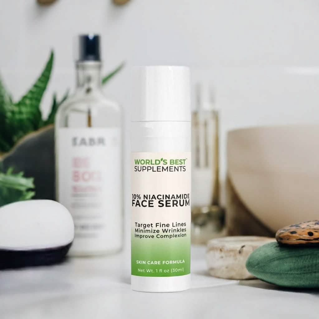A1 ounce bottle of 10% Niacinamide Face Serum anti-wrinkle skin care from World's Best Supplements.