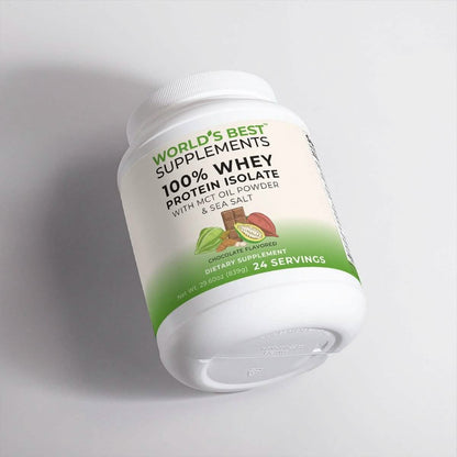 A tub of World's Best 100% Whey Protein Isolate Chocolate Flavored.