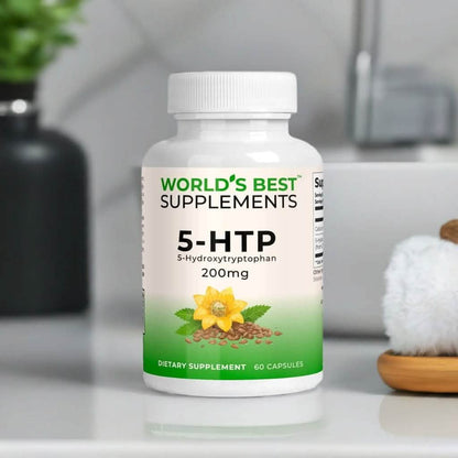 A bottle of 5-HTP Hydroxytryptophan capsules from World's Best Supplements.