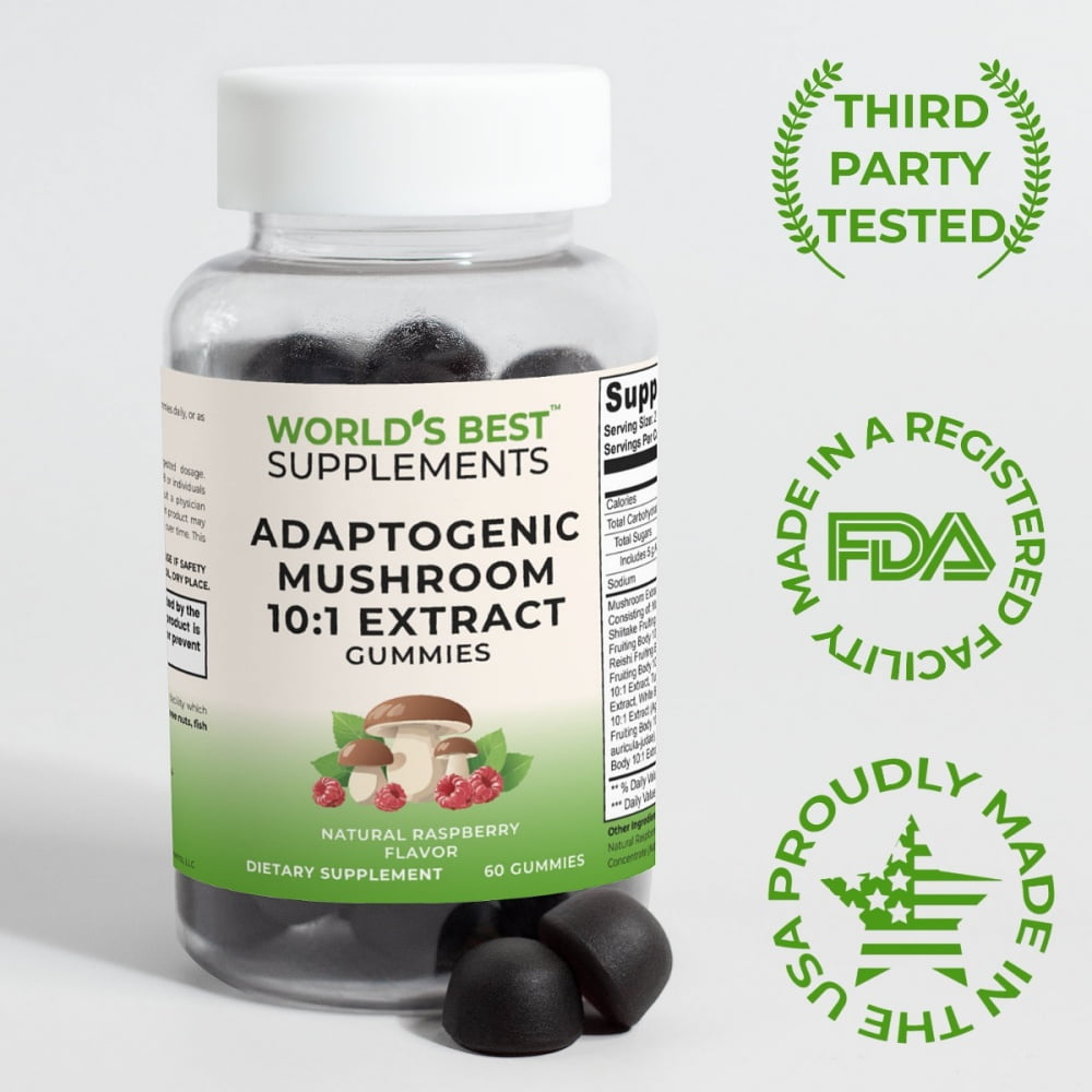 Adaptogenic Mushroom Extract Gummies, third-party tested, and made in the USA in FDA-registered facilities for World's Best Supplements.