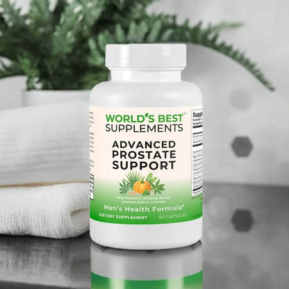 A bottle of Advanced Prostate Support capsules for men's health, from World's Best Supplements.