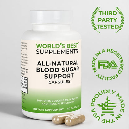 Natural Supplement for Blood Sugar Support third-party tested and made in the USA in FDA-registered facility.