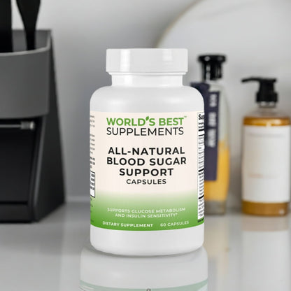 A bottle of All-Natural Blood Sugar Support Capsules (60 Count) from World's Best Supplements.