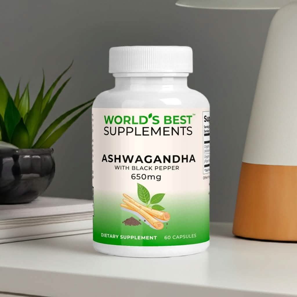 A bottle of Ashwagandha 650mg capsules with Black Pepper from World's Best Supplements.
