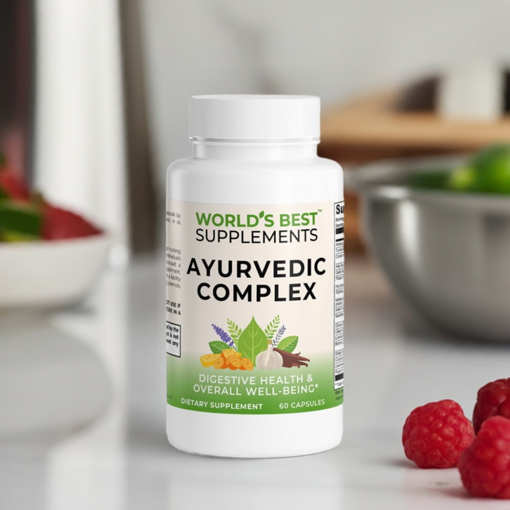 Ayurvedic Complex dietary supplement for energy, digestive support, cognitive function, stress and mood, and overall wellness by World's Best Supplements.