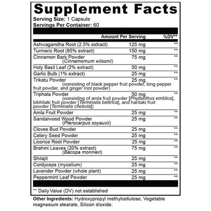 Dietary Supplement Facts Label for Ayurvedic Complex 60 Capsules from World's Best Supplements.