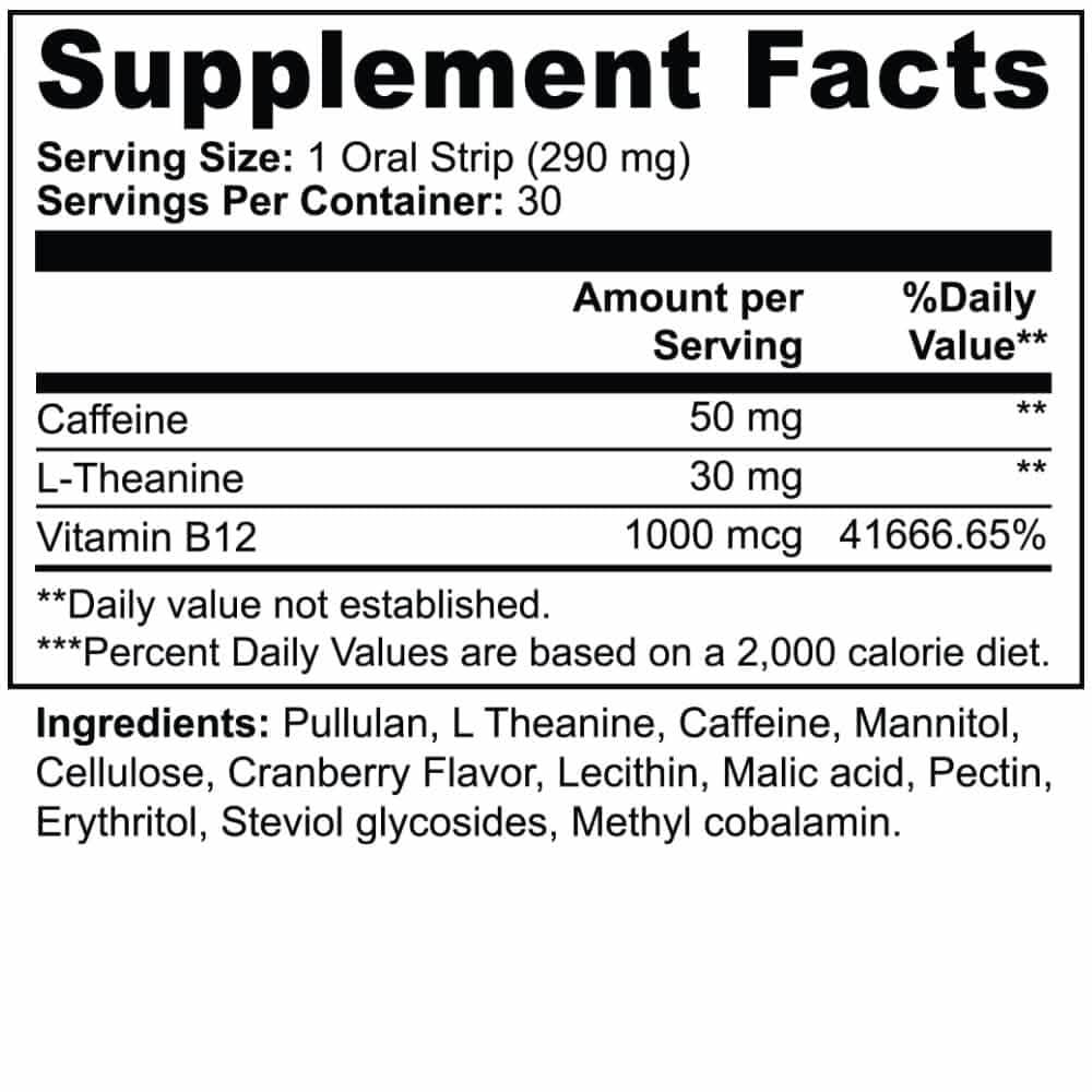 Supplement Facts label for B-12 Energy Strips Cranberry Flavor from World's Best Supplements.