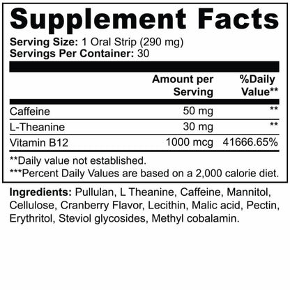 Supplement Facts label for B-12 Energy Strips Cranberry Flavor from World's Best Supplements.