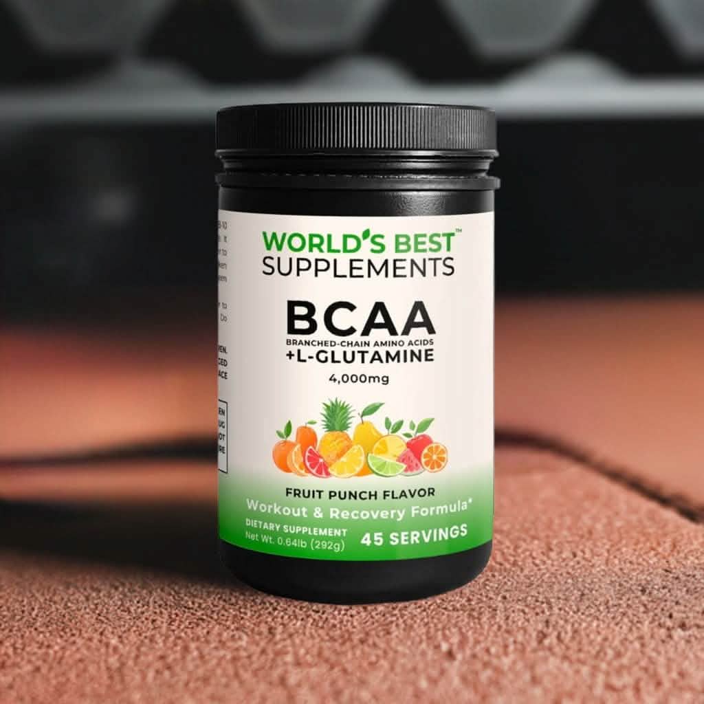 Branched Chain Amino Acids 4000mg with L-Glutamine in fruit punch flavor from World's Best Supplements.