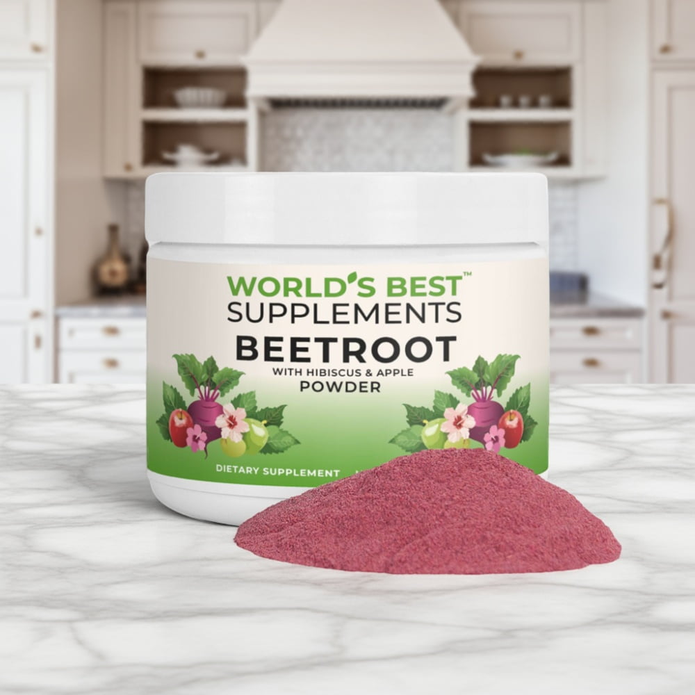 Beetroot powder drink mix from World's Best Supplements flavored with Hibiscus and Apple.