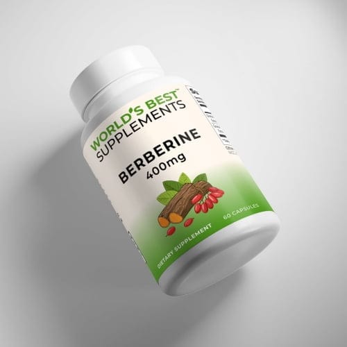 A bottle of Berberine 400mg Capsules from World's Best Supplements laying on a white table top.