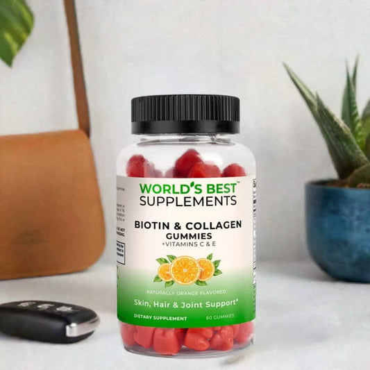 A bottle of World's Best Biotin and Collage Peptide Gummies containing 60 gummies for Hair, Skin, and Joint support.