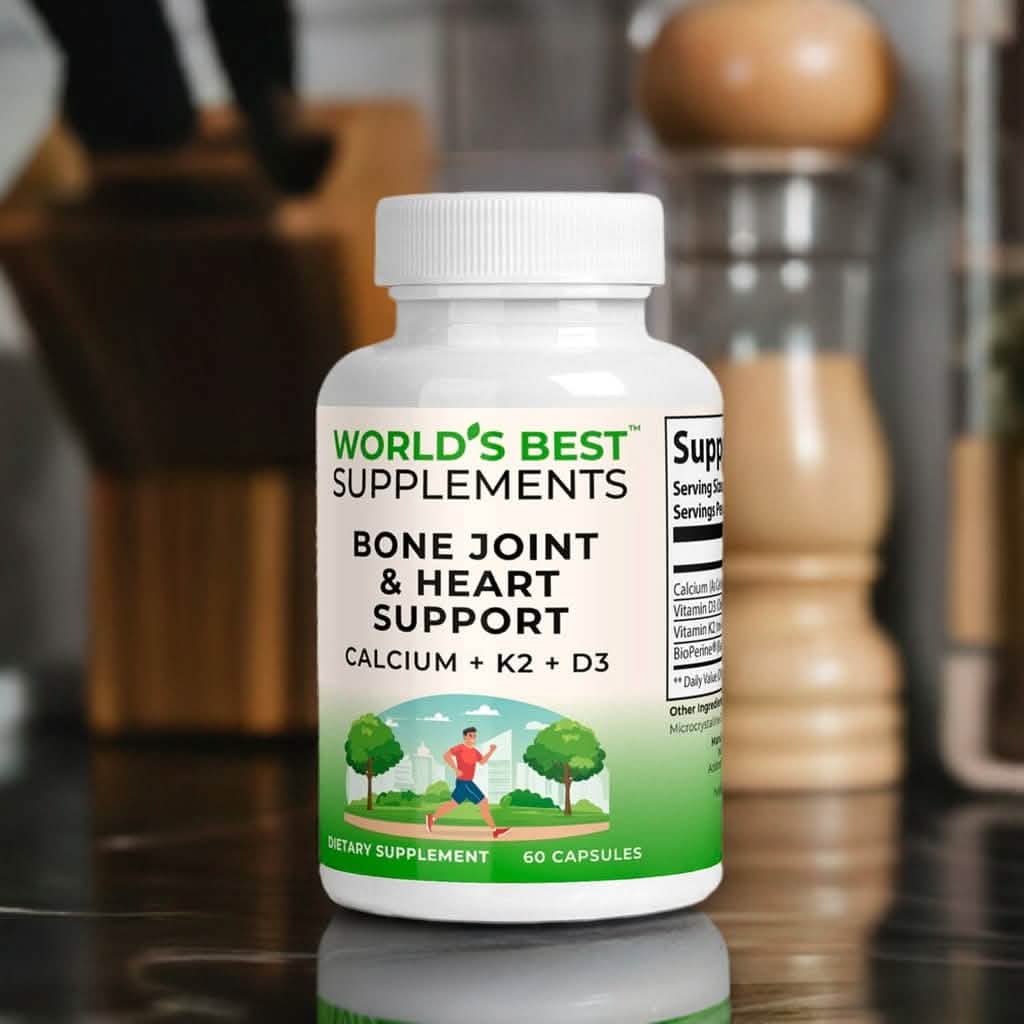 A bottle of World's Best Supplements Bone Joint & Heart Support with 60 Capsules sitting on a black marble kitchen countertop.