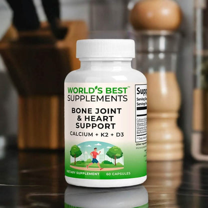 A bottle of World's Best Supplements Bone Joint & Heart Support with 60 Capsules sitting on a black marble kitchen countertop.