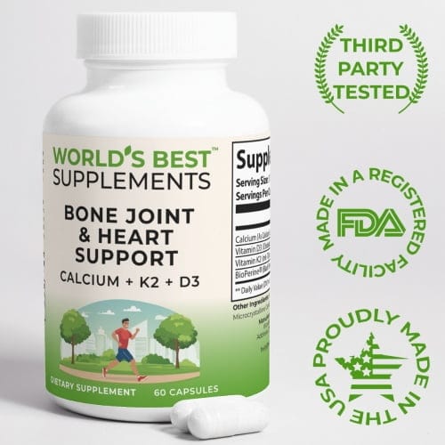 A bottle of Bone Joint & Heart Support with some capsules laying next to it and featured callouts for Third-Party Tested, made in a FDA Registered facility, and Made in the USA.