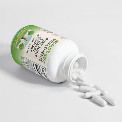 An open bottle of Bone Joint & Heart Support showing the capsules pouring out of it.