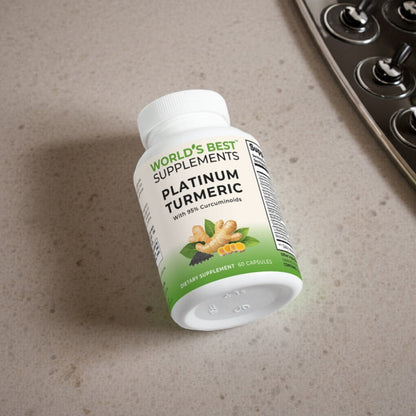 A bottle of Platinum Turmeric Capsules from World's Best Supplements.