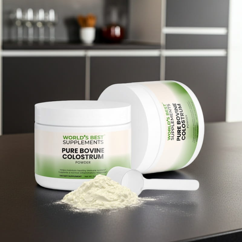 Two bottles of Bovine Colostrum Powder with the Scooper on a counter.