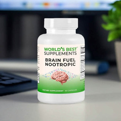 A bottle of Brain Fuel Nootropic from Worlds Best Supplements containing 30 capsules for a 1 month supply.