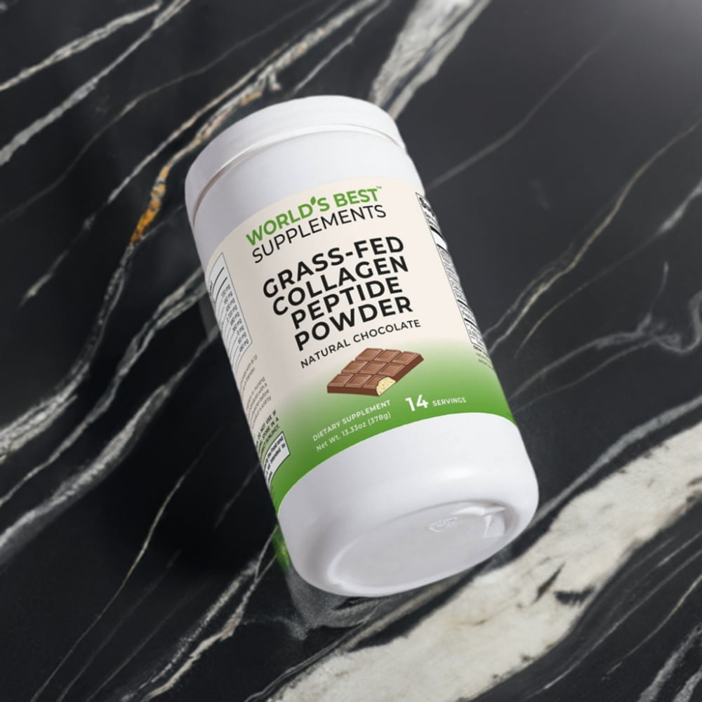 14 servings of Grass-Fed Pasture Raised Collagen Peptide Powder from Bovine Hide flavored with real cocoa by World's Best Supplements.
